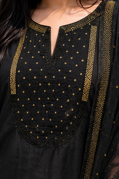 Black Mul Chanderi Embroidered Kurta and Pant with Dupatta