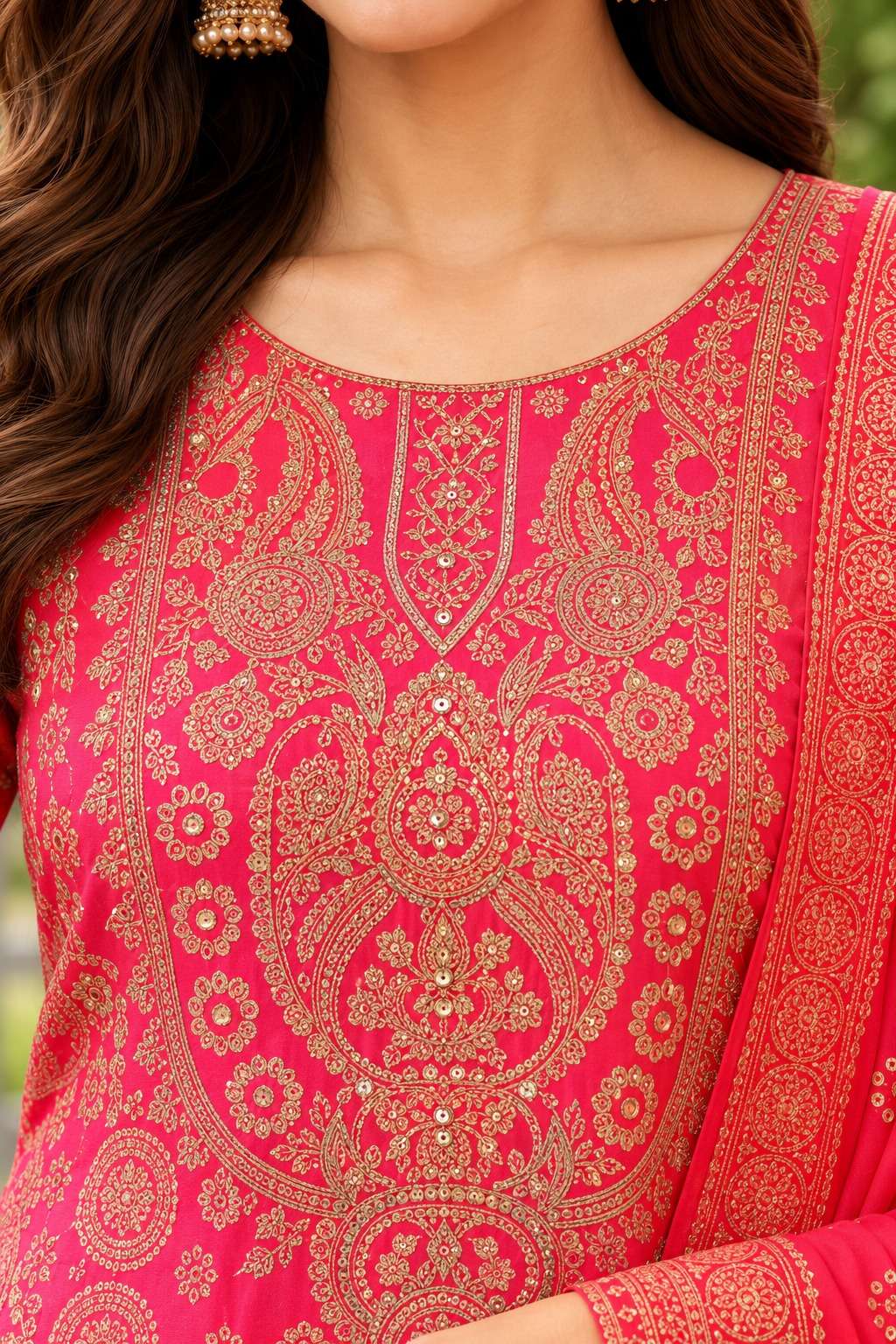 Hot Pink Embroidered Chinon Bandhani Kurta Set With A Vibrant Dupatta