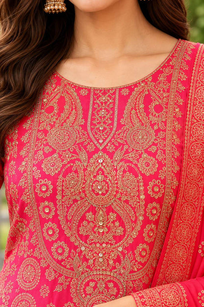 Hot Pink Embroidered Chinon Bandhani Kurta Set With A Vibrant Dupatta