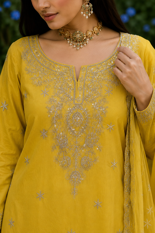 Yellow Silk Blend Embroidered Kurta and Palazzo with Dupatta