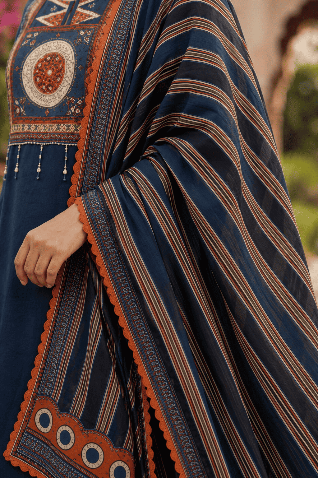Navy blue cotton kurta pant set with rust printed dupatta