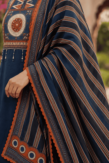 Navy blue cotton kurta pant set with rust printed dupatta