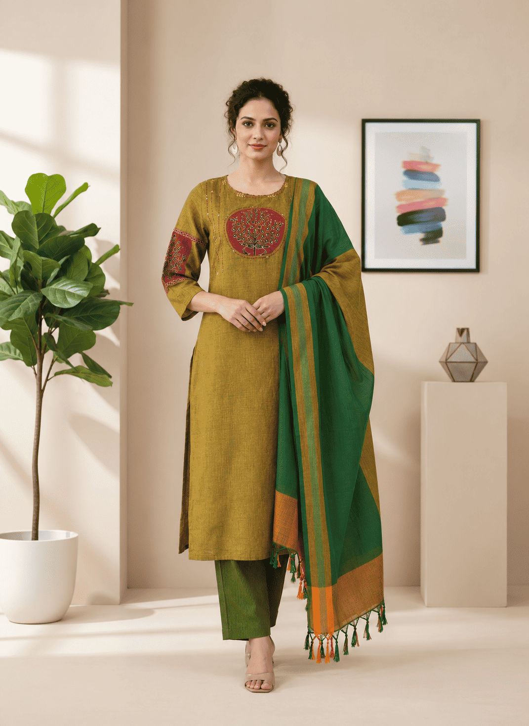 Green and Maroon Embroidered kurta and pant with dupatta