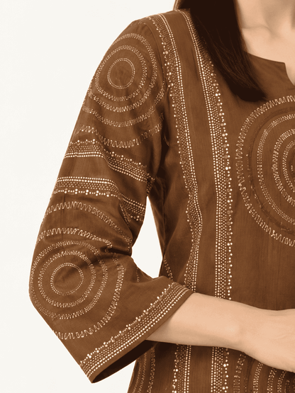 Brown Printed Cotton Kurta and pant with dupatta