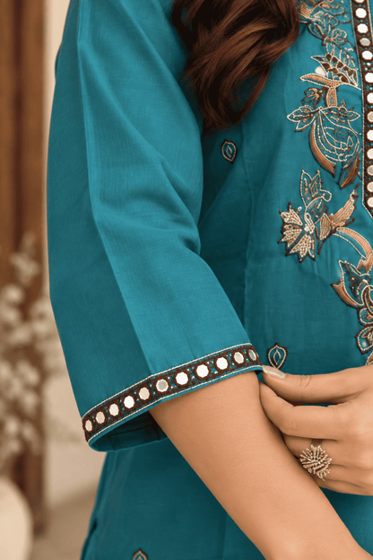 Teal Blue Embroidered Rayon Kurta Pant and Dupatta
