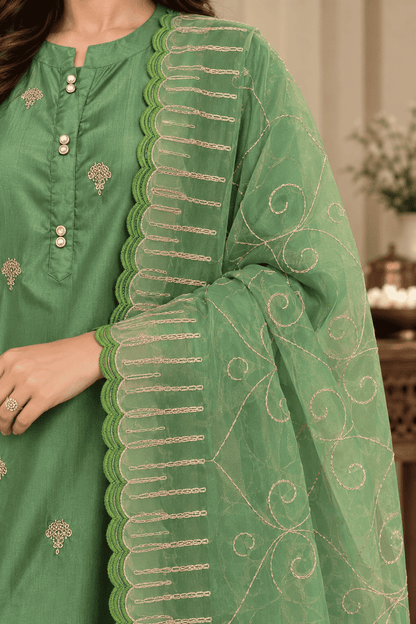 Green Silk Blend Embroidered Kurta Pant and Dupatta Set