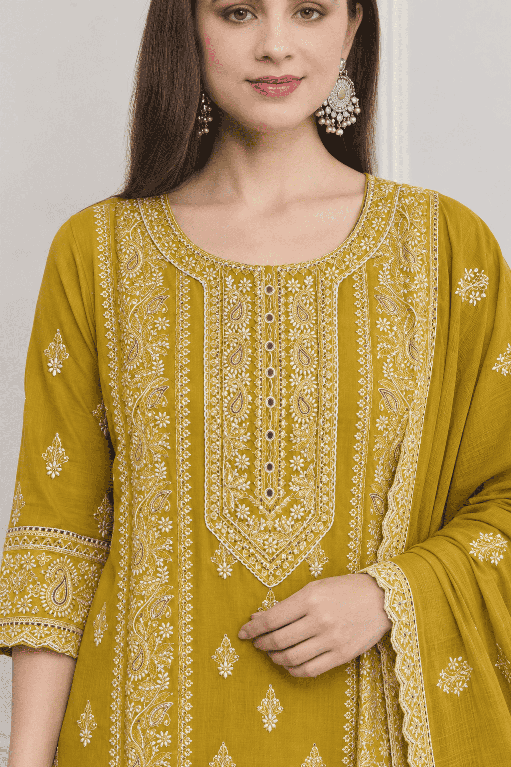 Mustard Embroidered Cotton Kurta Pant and Dupatta