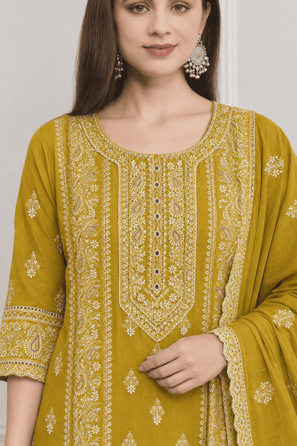Mustard Embroidered Cotton Kurta Pant and Dupatta