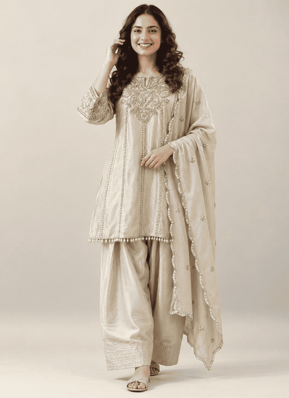 Beige Gold Embroidered Chinon Kurta and Farshi Pant and Dupatta