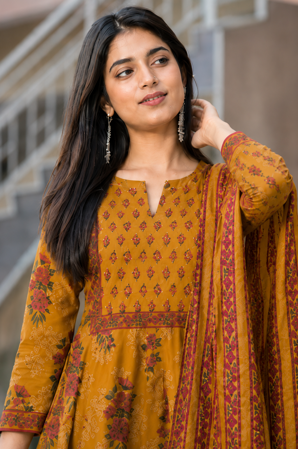 Mustard Yellow Cotton Blend Printed Anarkali Kurta and Pant with Dupatta