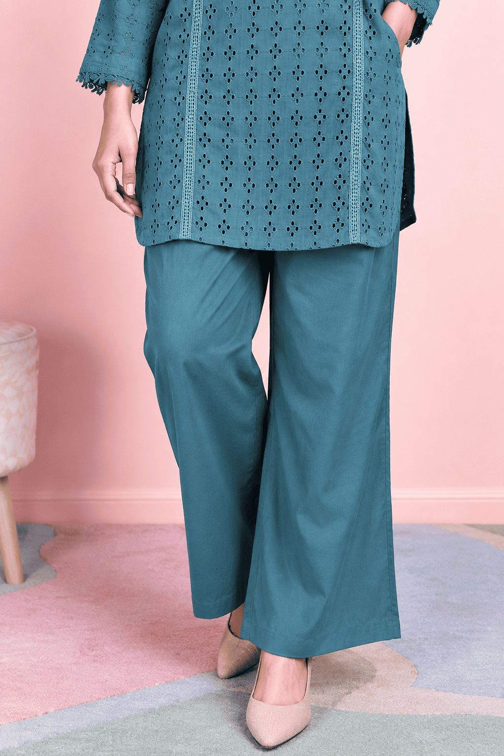 Teal Blue Schiffli Cotton Blend Kurta Pant Set