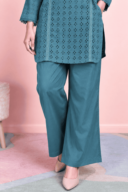 Teal Blue Schiffli Cotton Blend Kurta Pant Set