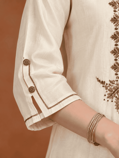 Ivory Embroidered Dola Silk Kurta and Palazzo with dupatta