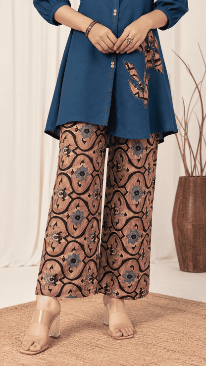 Blue Cotton Kurta With Patchwork and Printed Pant Set