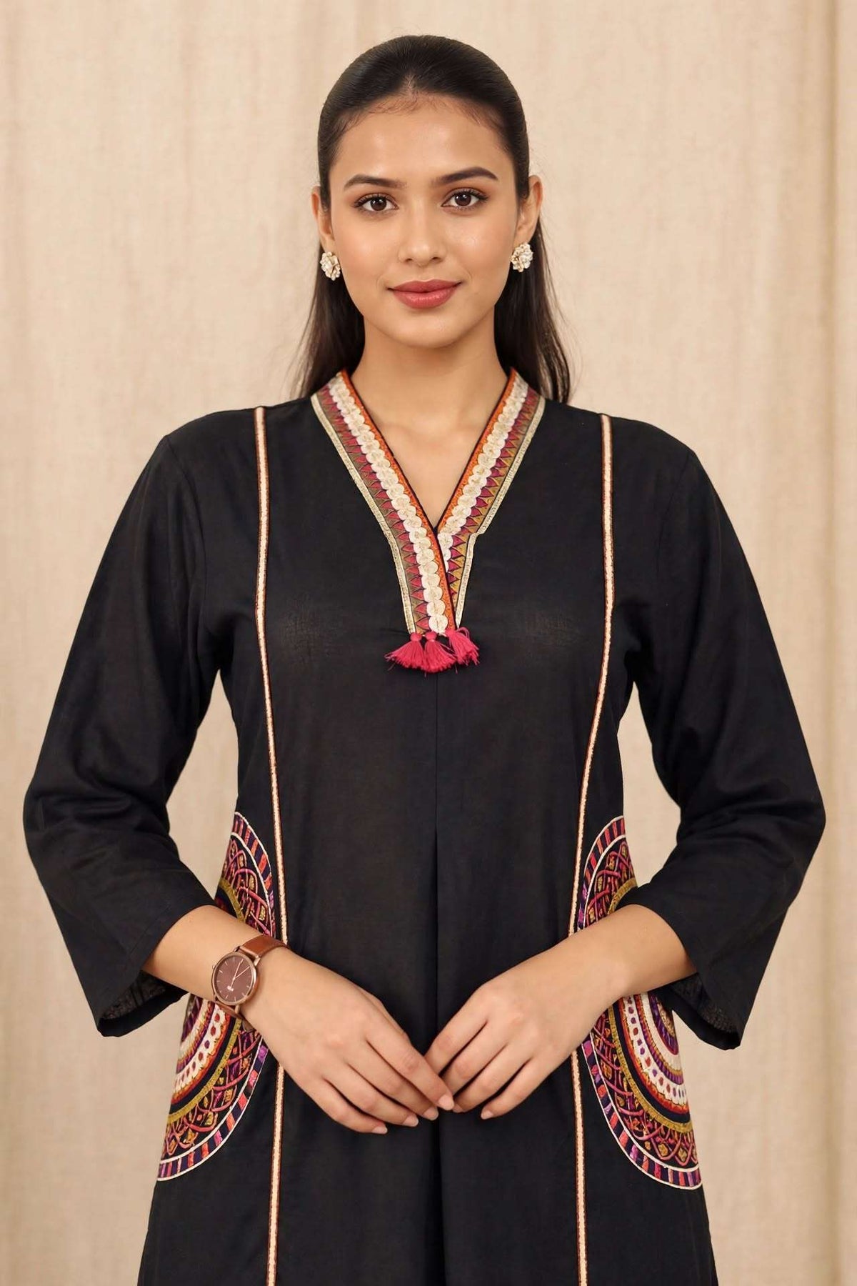 Black Embroidered Cotton Kurta and Pant with Dupatta