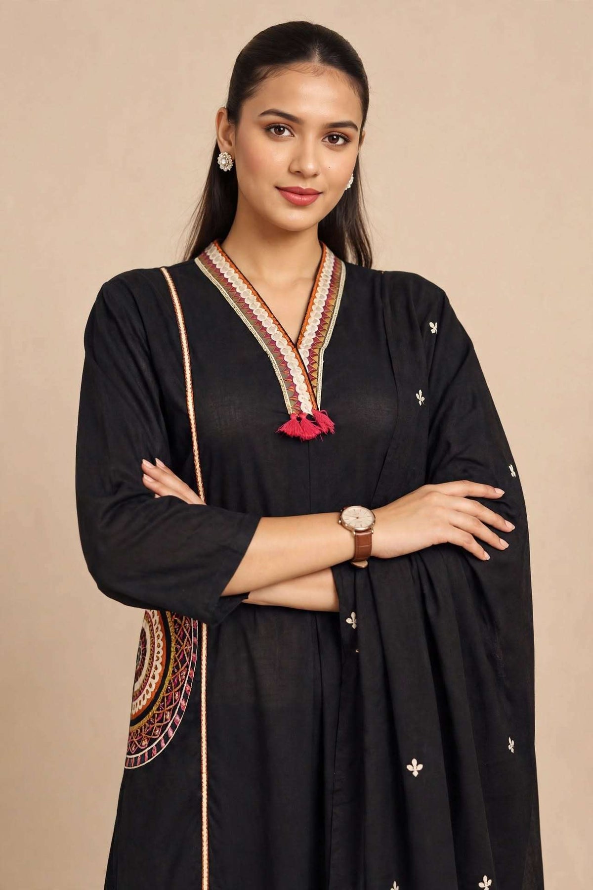 Black Embroidered Cotton Kurta and Pant with Dupatta
