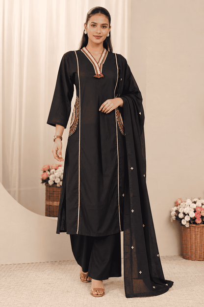 Black Embroidered Cotton Kurta and Pant with Dupatta