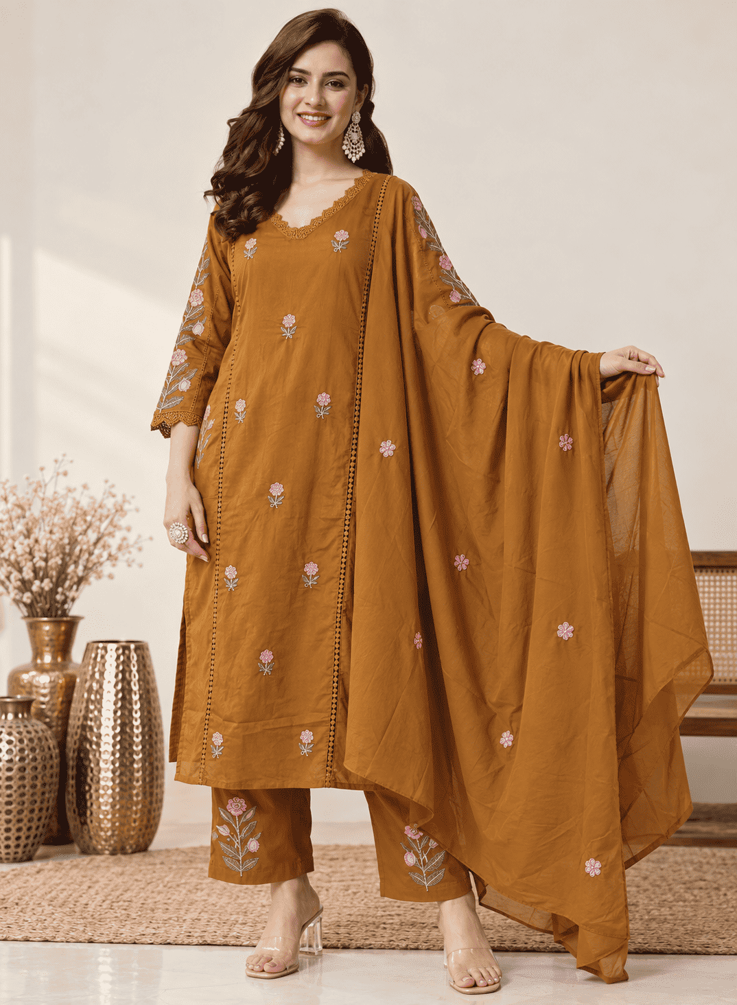 Mustard Embroidered Mul Cotton Kurta and Pant with Dupatta