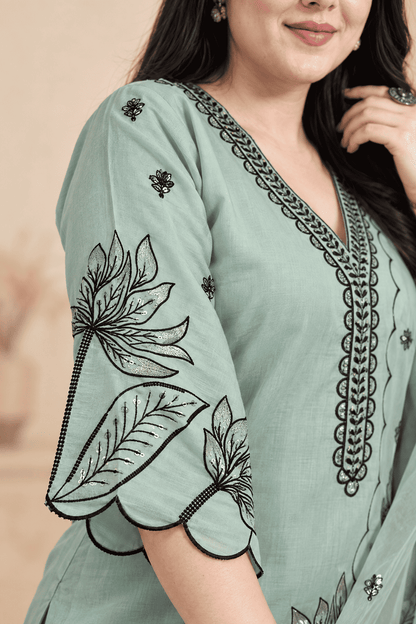 Sage Green Embroidered Roman Silk Kurta Pant and Dupatta