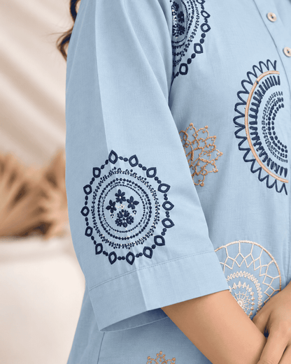 Sky Blue Butter Crepe Embroidered Kurta Pant Set