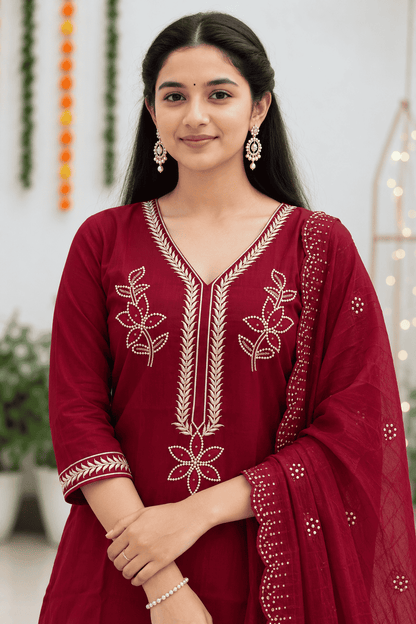 Magenta Embroidered Cotton Blend Kurta Pant and Dupatta