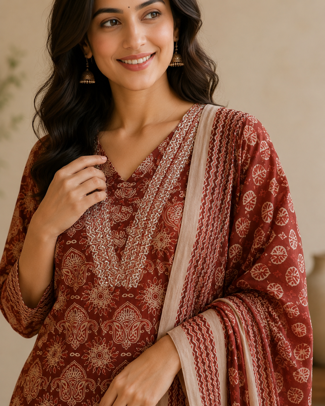 Rust Red Printed Cotton Blend Kurta and Pant with Dupatta