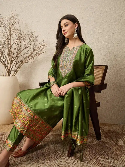 Mehendi Green Cotton Silk Embroidered Kurta Pant and Dupatta Set