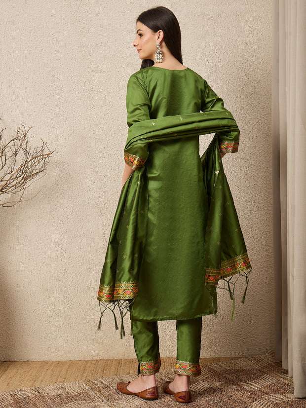 Mehendi Green Cotton Silk Embroidered Kurta Pant and Dupatta Set