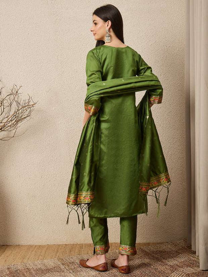 Mehendi Green Cotton Silk Embroidered Kurta Pant and Dupatta Set