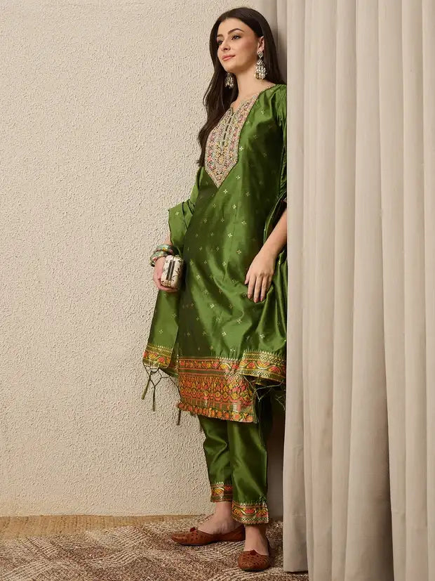 Mehendi Green Cotton Silk Embroidered Kurta Pant and Dupatta Set