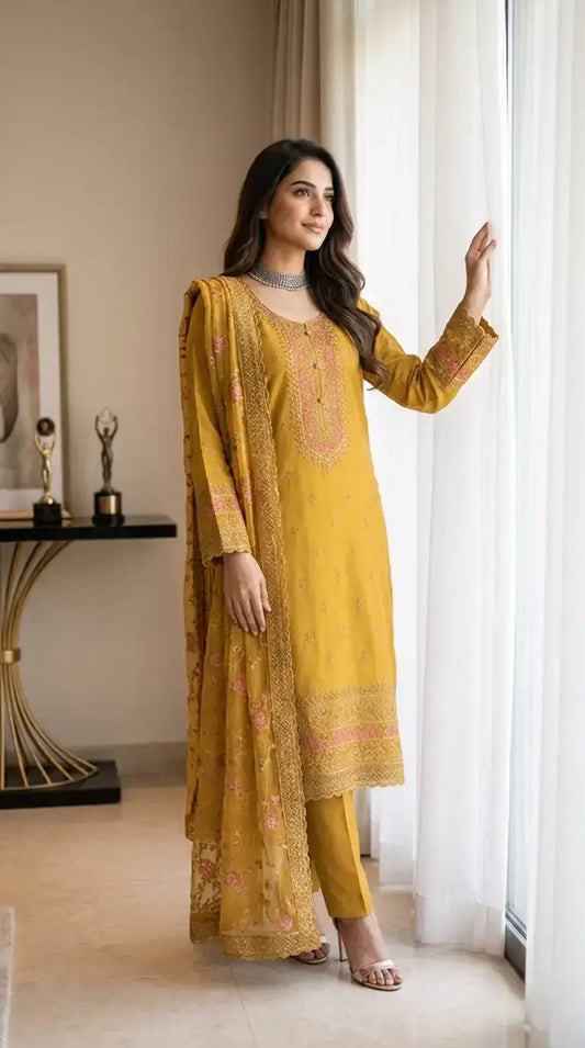 Semi-stitched Soft Chiffon-Muslin In Mustard-Gold With Delicate Sequin Floral Embroidery Suit Material