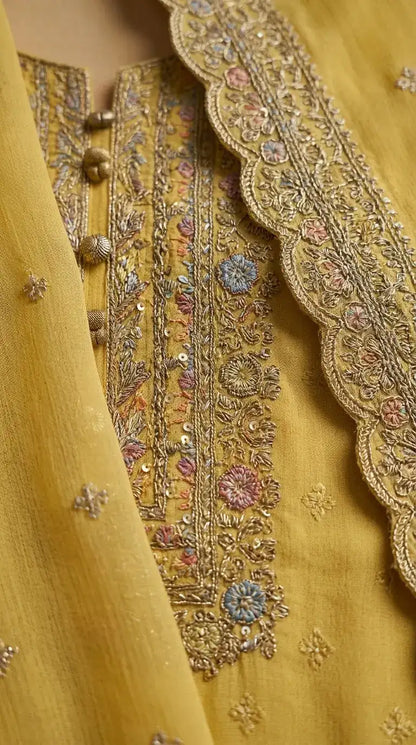 Semi-Stitched Pastel Yellow Organza With Embroidery Suit Material
