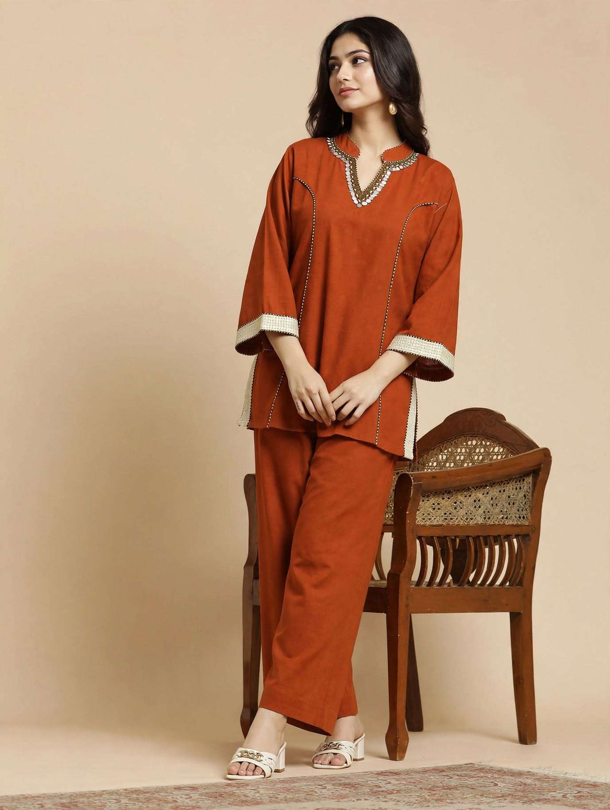 Orange Embroidered Cotton Flex Co-ord Set
