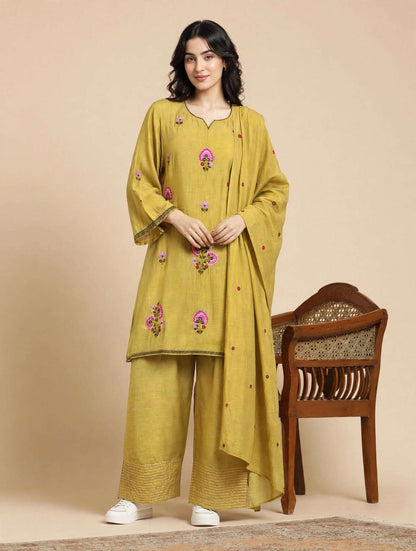 Mustard Embroidered Mul Chanderi Kurta and Pant with Dupatta