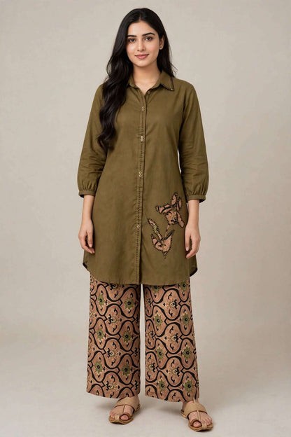 Mehendi Brown Cotton Kurta With Patchwork and Printed Pant Set