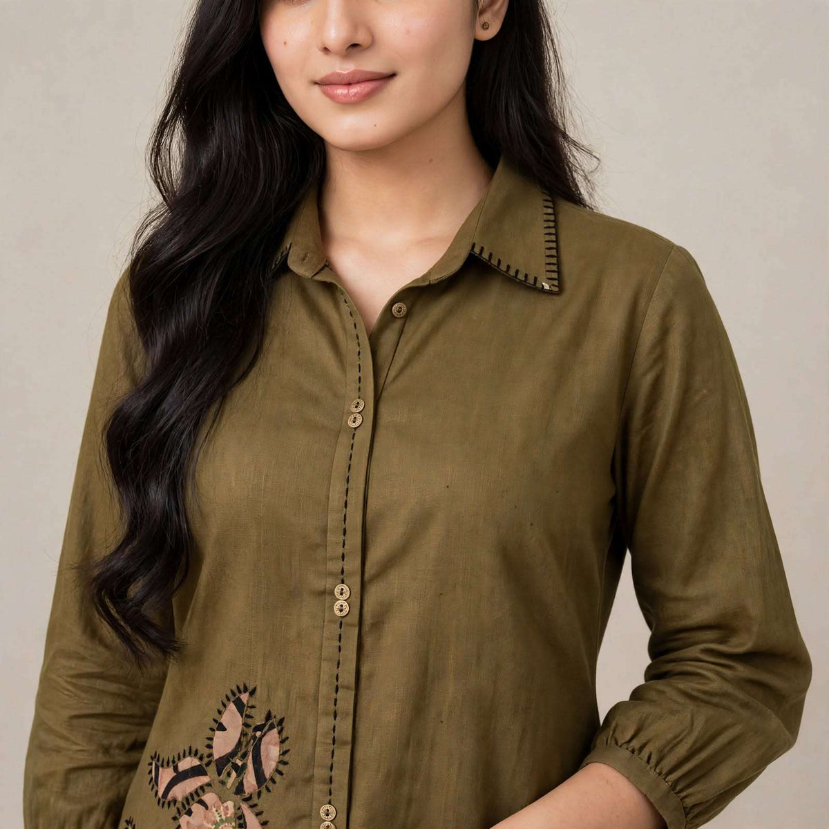 Mehendi Brown Cotton Kurta With Patchwork and Printed Pant Set