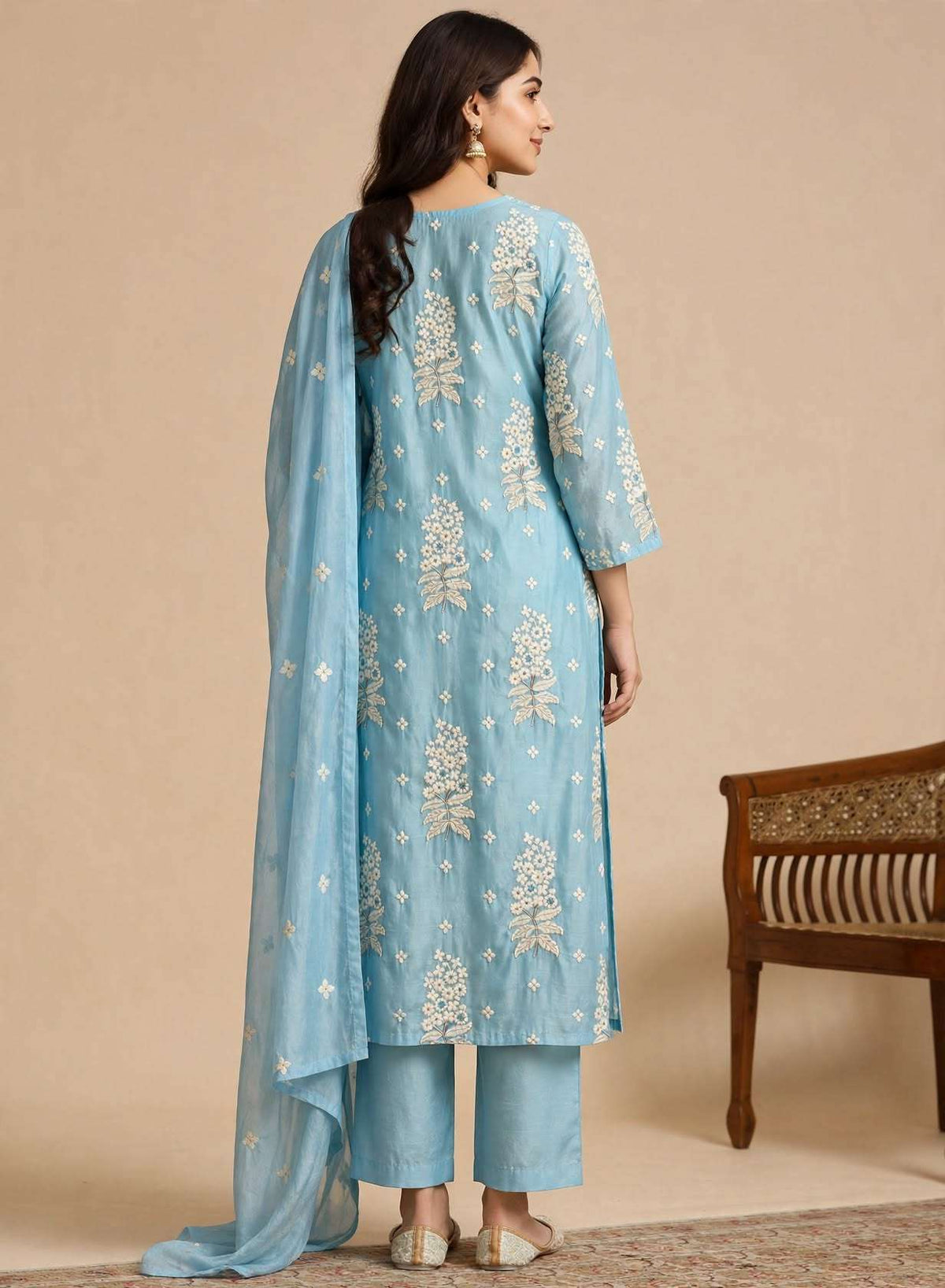 Sky Blue Floral Embroidered Mul Chanderi Kurta and pant with Dupatta