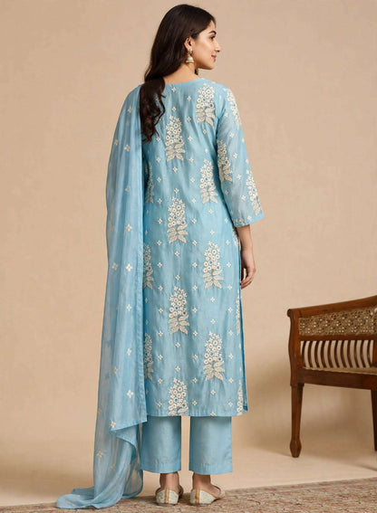 Sky Blue Floral Embroidered Mul Chanderi Kurta and pant with Dupatta