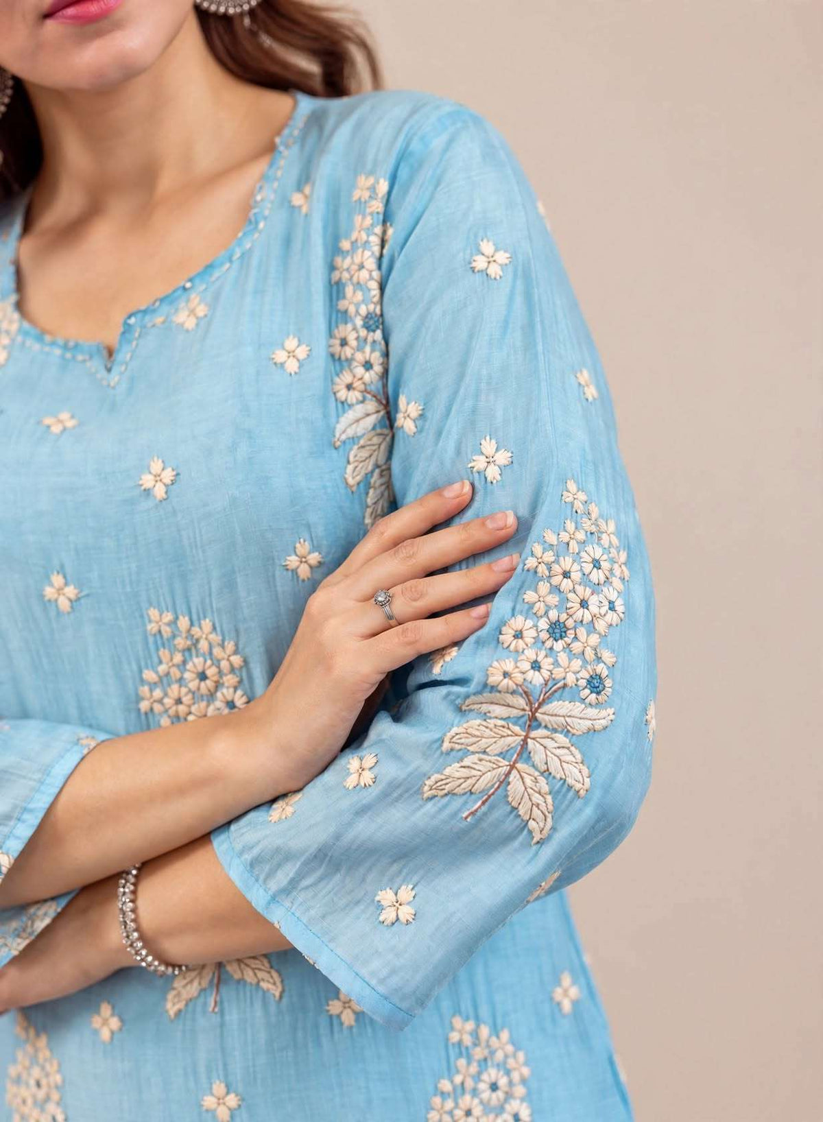 Sky Blue Floral Embroidered Mul Chanderi Kurta and pant with Dupatta
