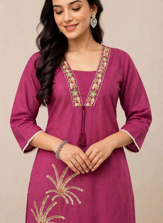 Pink Embroidered Cotton Kurta and pant with dupatta