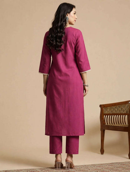 Pink Embroidered Cotton Kurta and pant with dupatta