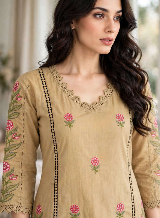 Cream Embroidered Mul Cotton Kurta and Printed Pant with Dupatta