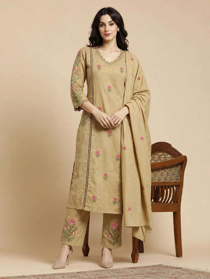 Cream Embroidered Mul Cotton Kurta and Printed Pant with Dupatta