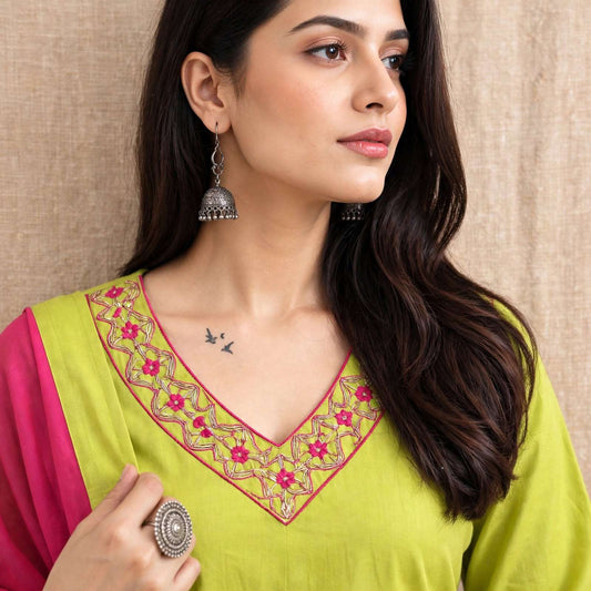 Lime Green Embroidered Cotton Kurta and Pant with Dupatta