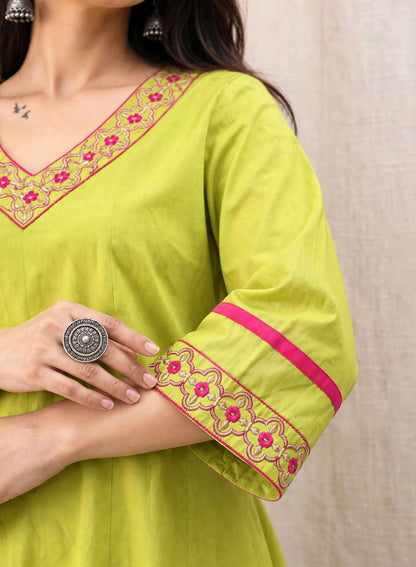Lime Green Embroidered Cotton Kurta and Pant with Dupatta