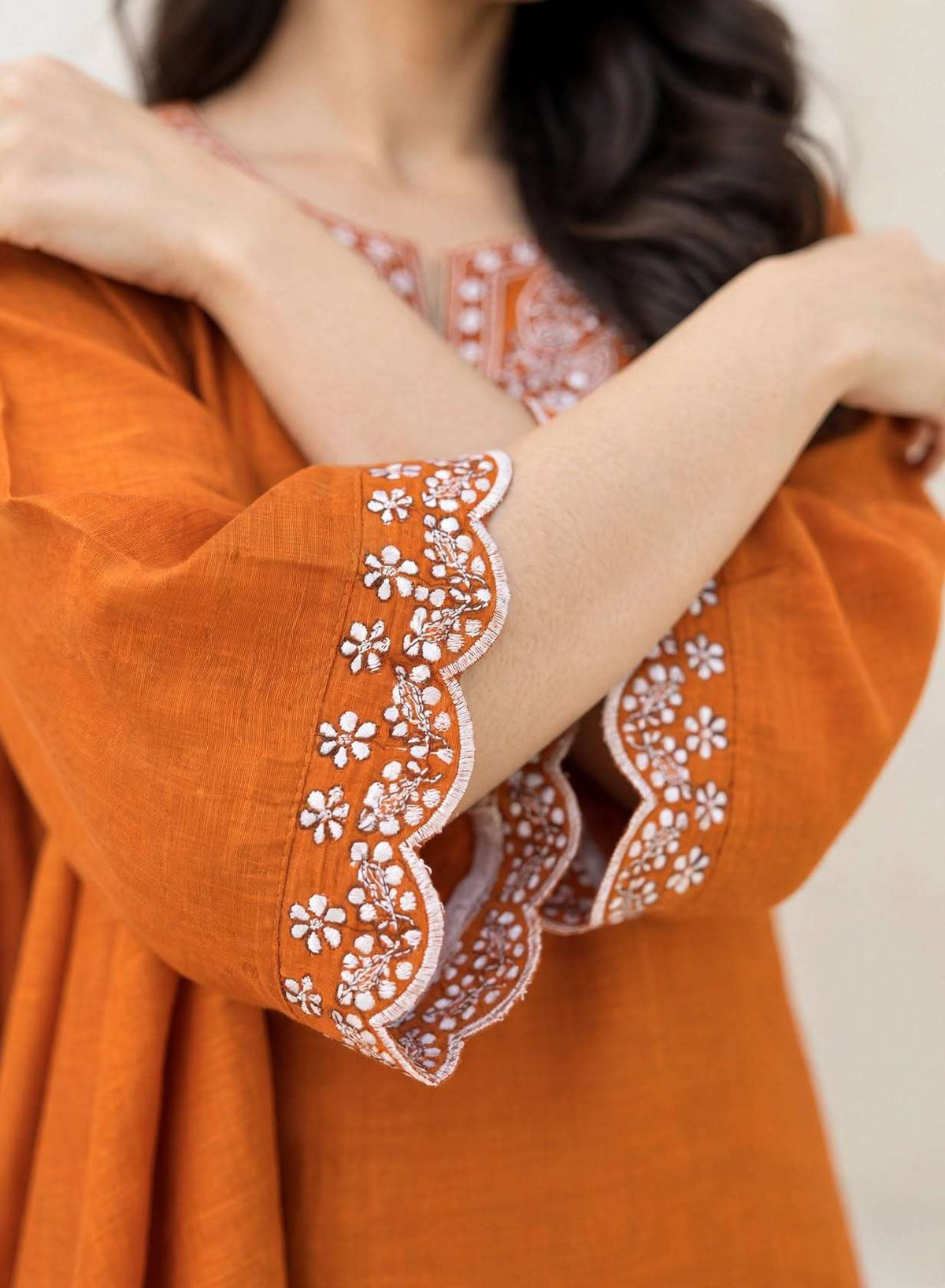 Rust Orange Embroidered Mul Chanderi Kurta and pant with Dupatta
