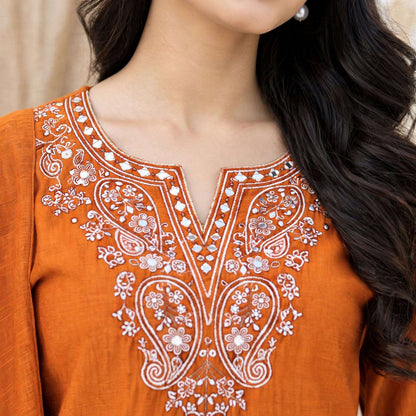 Rust Orange Embroidered Mul Chanderi Kurta and pant with Dupatta
