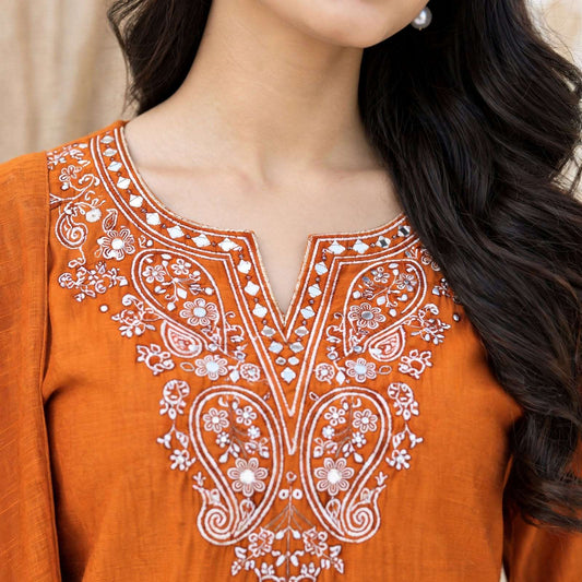 Rust Orange Embroidered Mul Chanderi Kurta and pant with Dupatta