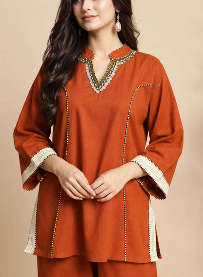 Orange Embroidered Cotton Flex Co-ord Set