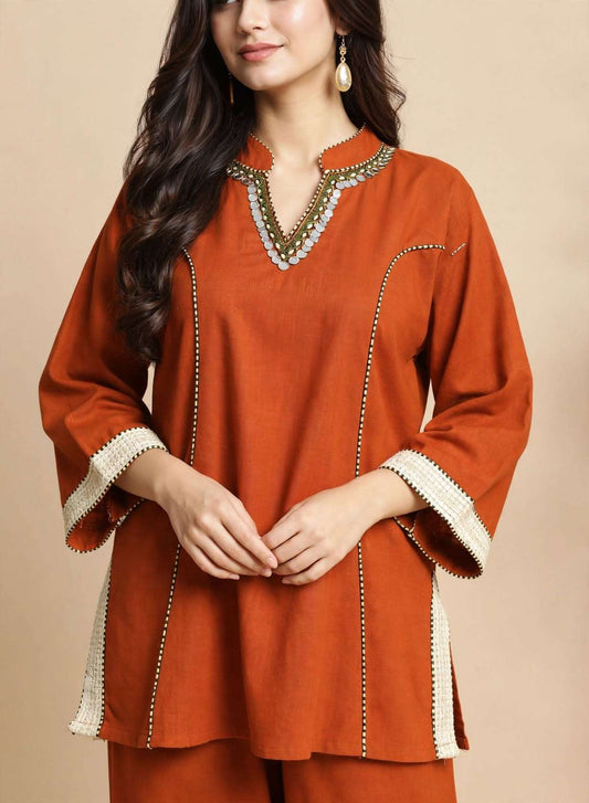 Orange Embroidered Cotton Flex Co-ord Set